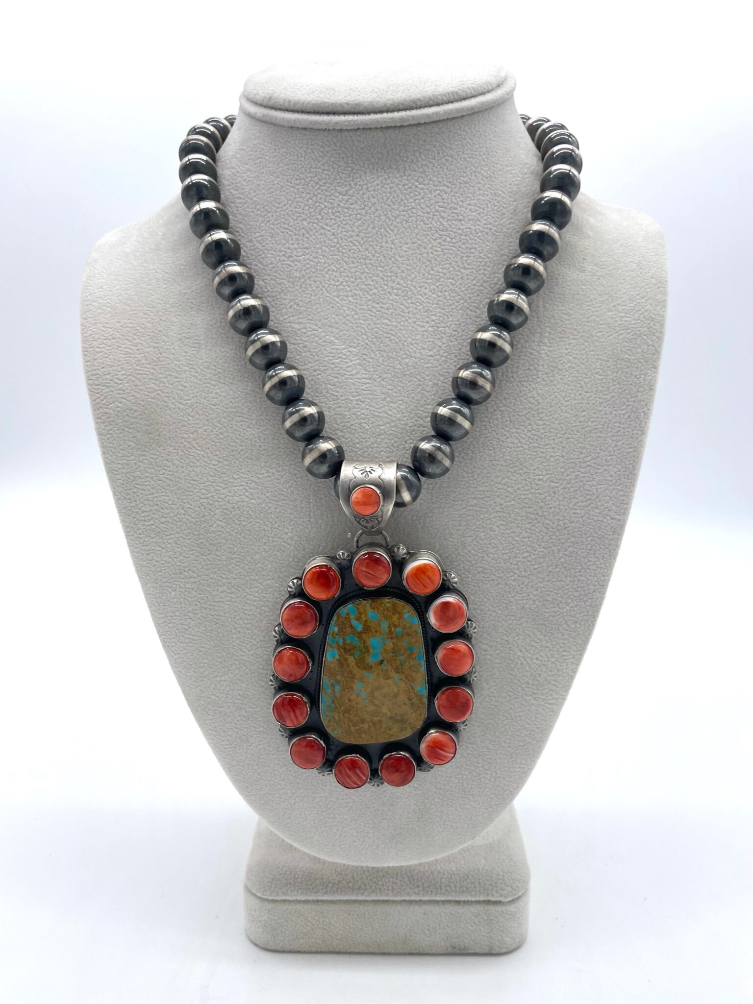 Colorful Vintage Native American Navajo Rosyton Turquoise Spiny Oyster Sterling Silver Necklace