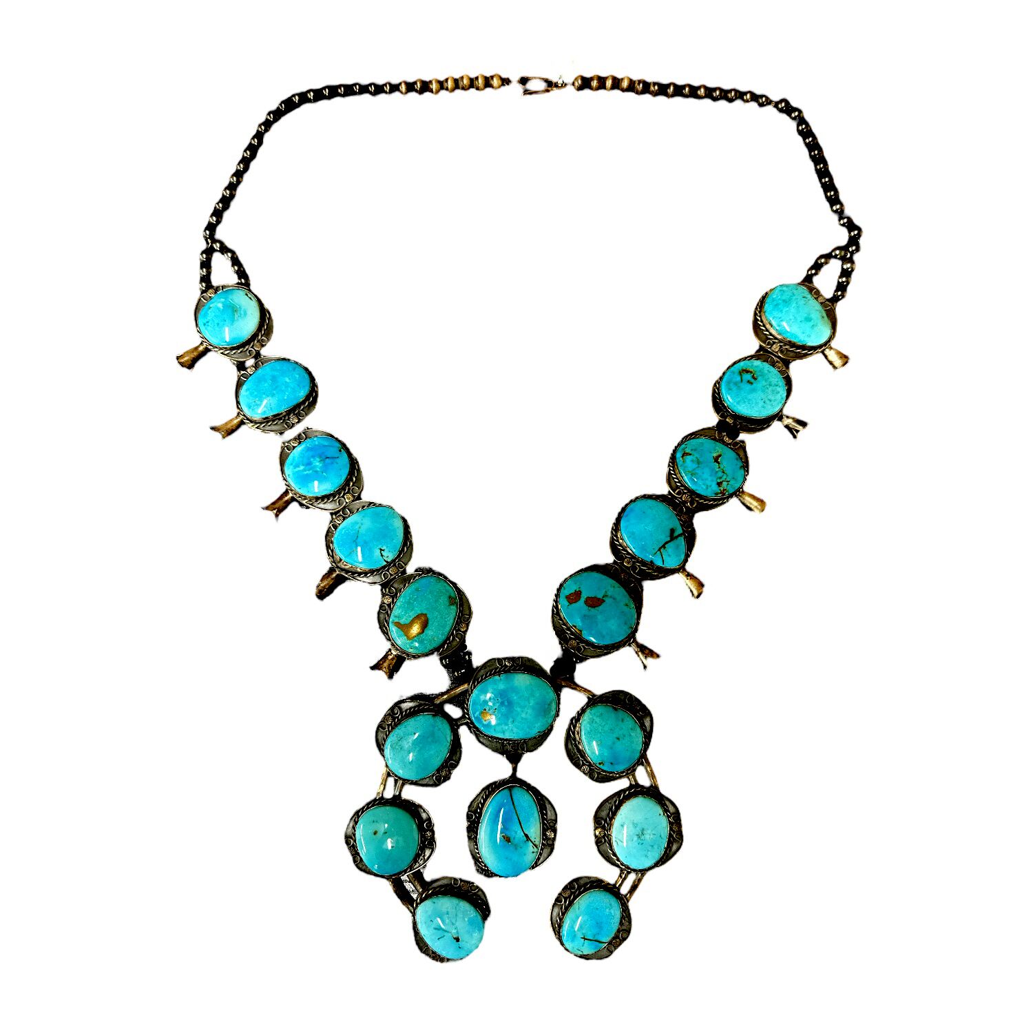 Gilbert Turquoise Vintage Native American Navajo Sterling Silver Squash Blossom Necklace Old Gilbert Turquoise Vintage Native American Navajo Sterling Silver Squash Blossom Necklace Old