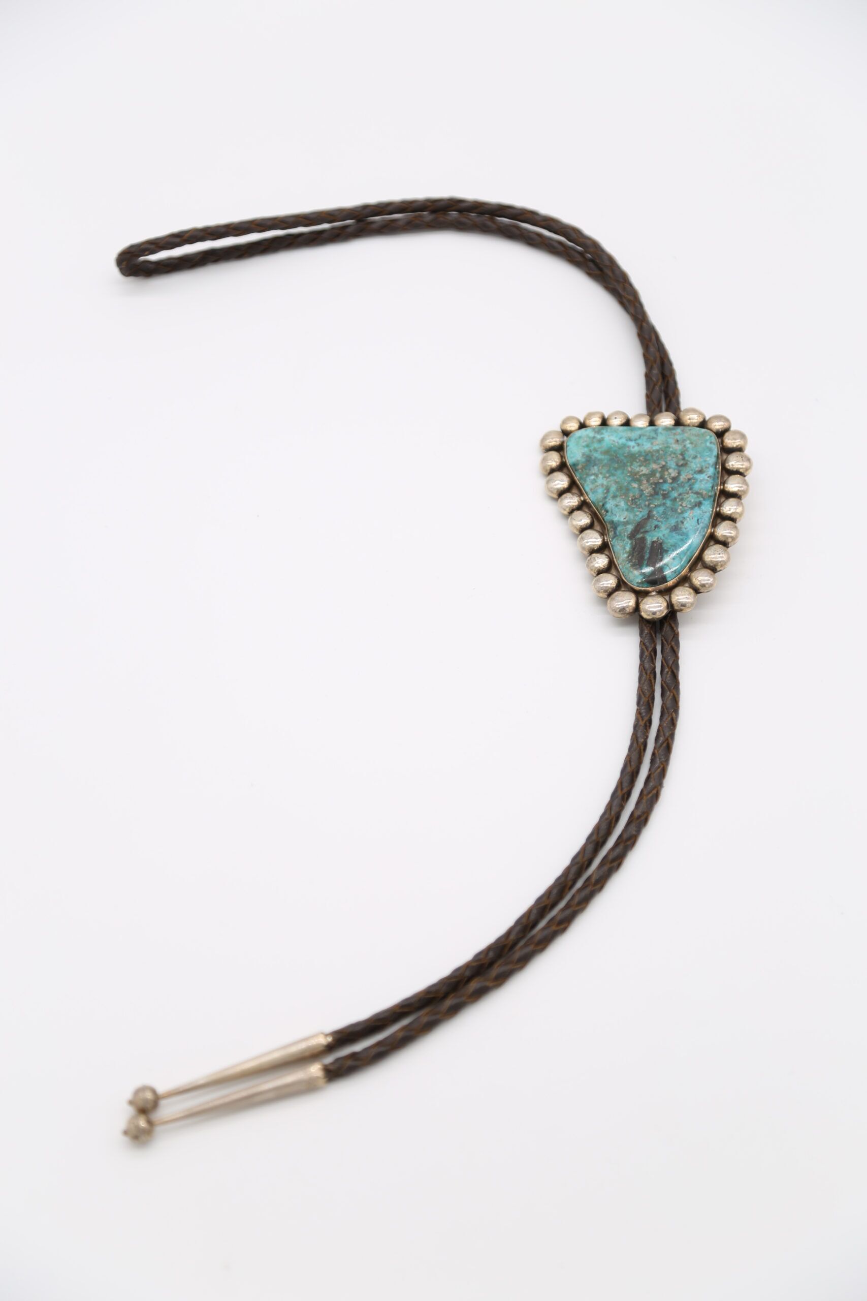 Vintage Metal Bolo hot Tie, Silver with Nice Turquoise Stones Design, Round, Native